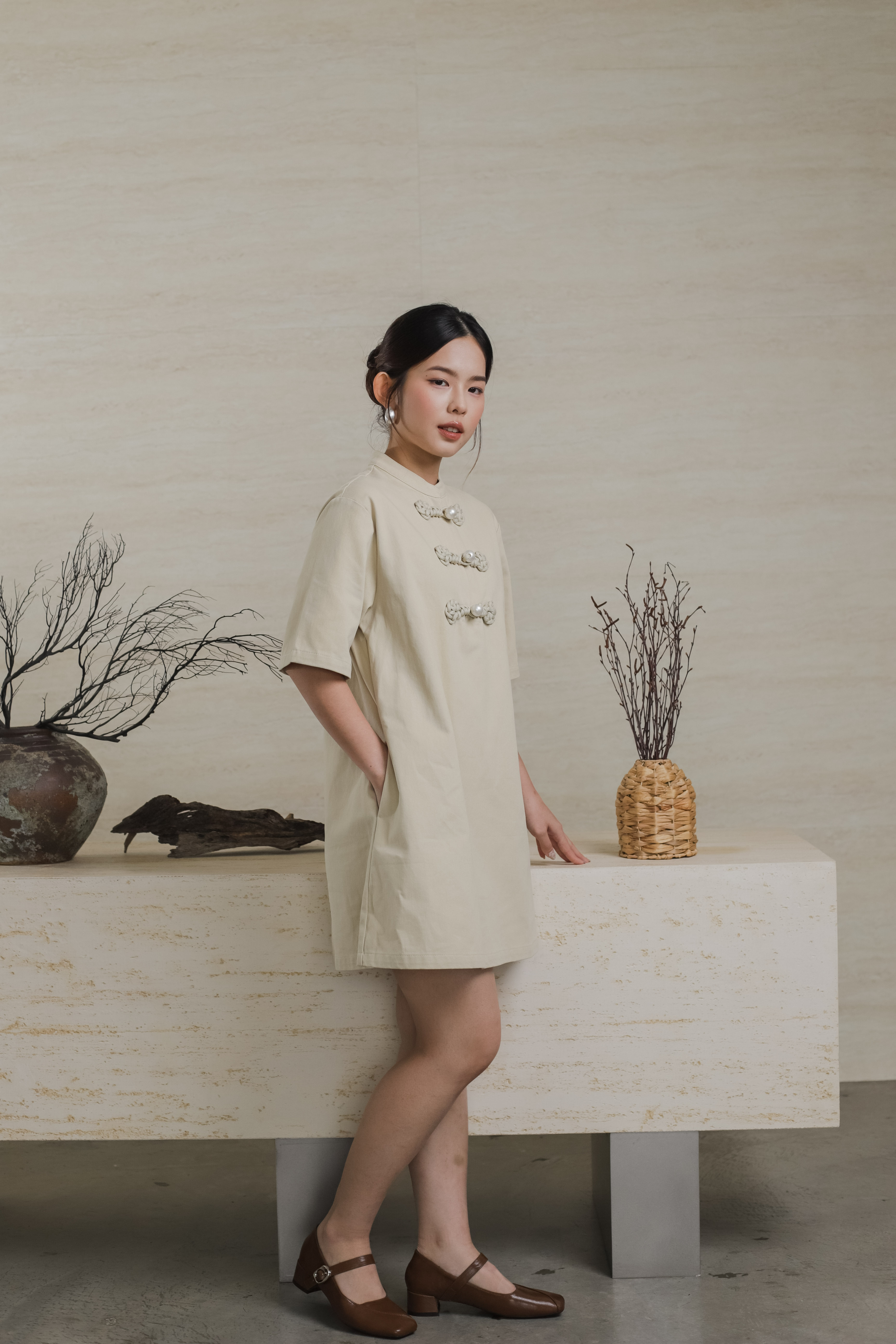 Rueng Cheongsam Tent Dress Sand - 2566DSSAN