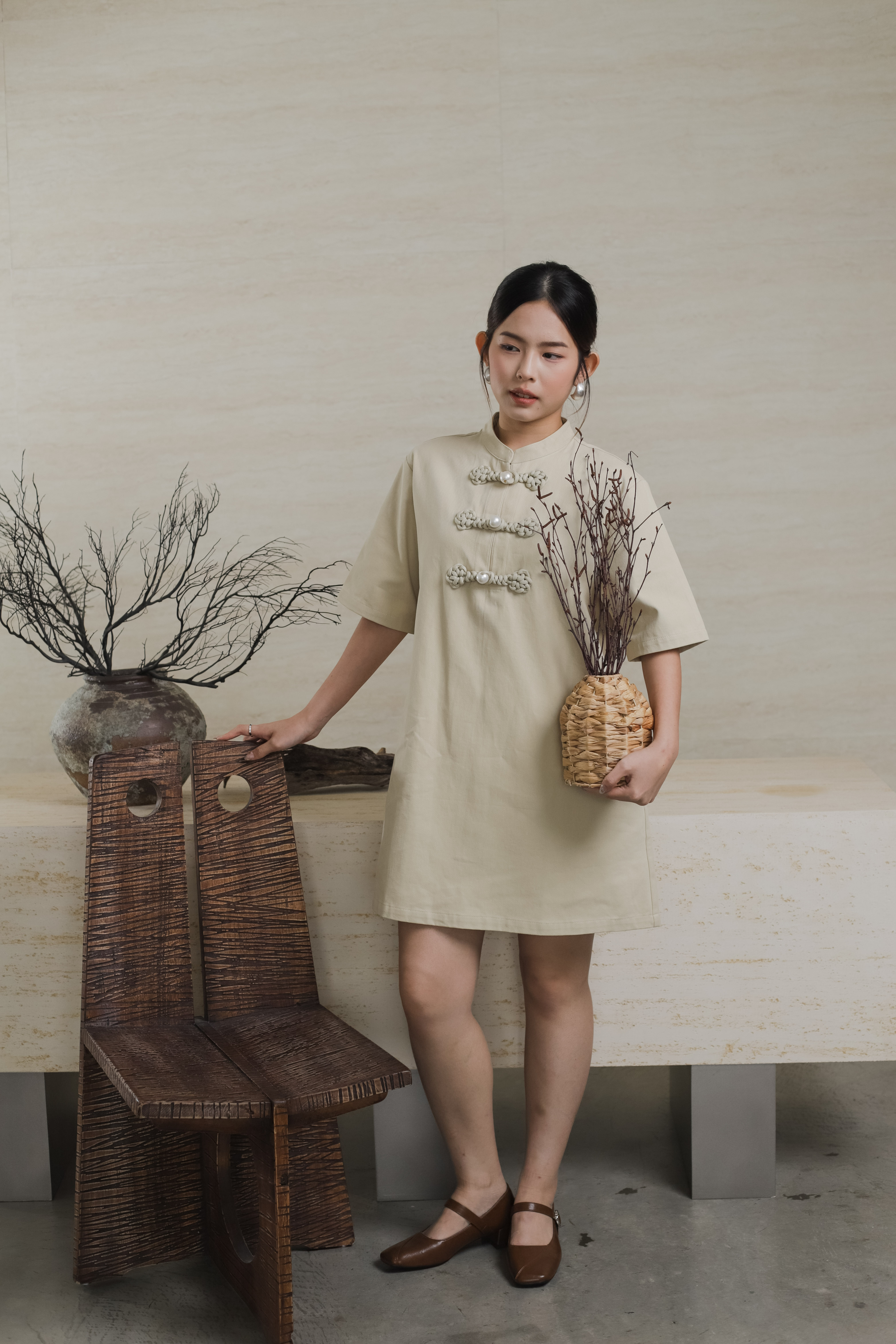 Rueng Cheongsam Tent Dress Sand - 2566DSSAN