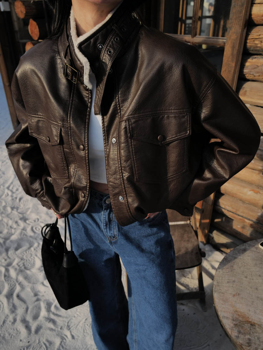 立領內長毛絨長版皮衣外套*2色