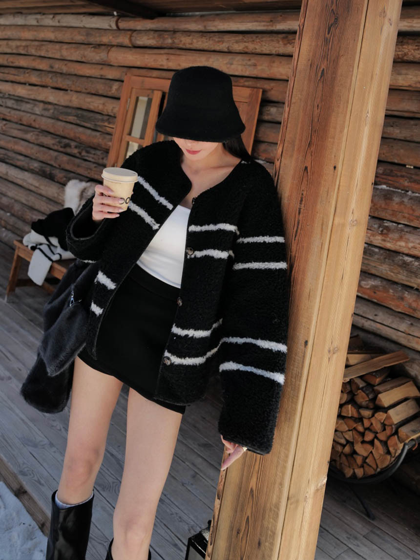 韓版QQ毛條紋皮毛外套*2色