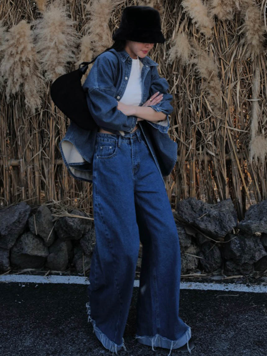 褲管反摺落地闊腿牛仔褲*3色