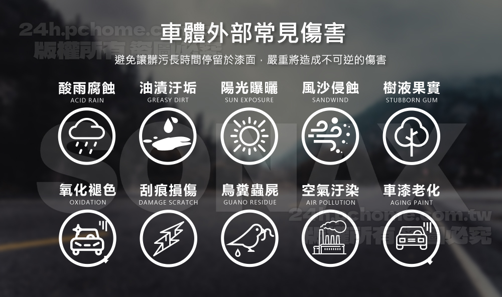 24hpchome.車體外部常見傷害避免讓髒污長時間停留於漆面,嚴重將造成不可逆的傷害酸雨腐蝕油漬汙垢陽光曝曬 風沙侵蝕樹液果實CI RAINGREASY DIRTSUN EXPOSURESANDWINDSTUBBORN GUM. 氧化褪色刮痕損傷鳥糞蟲屍空氣汙染車漆老化OXIDATIONDAMAGE SCRATCHGUANO RESIDUEAIR POLLUTIONDAGING PAINT A