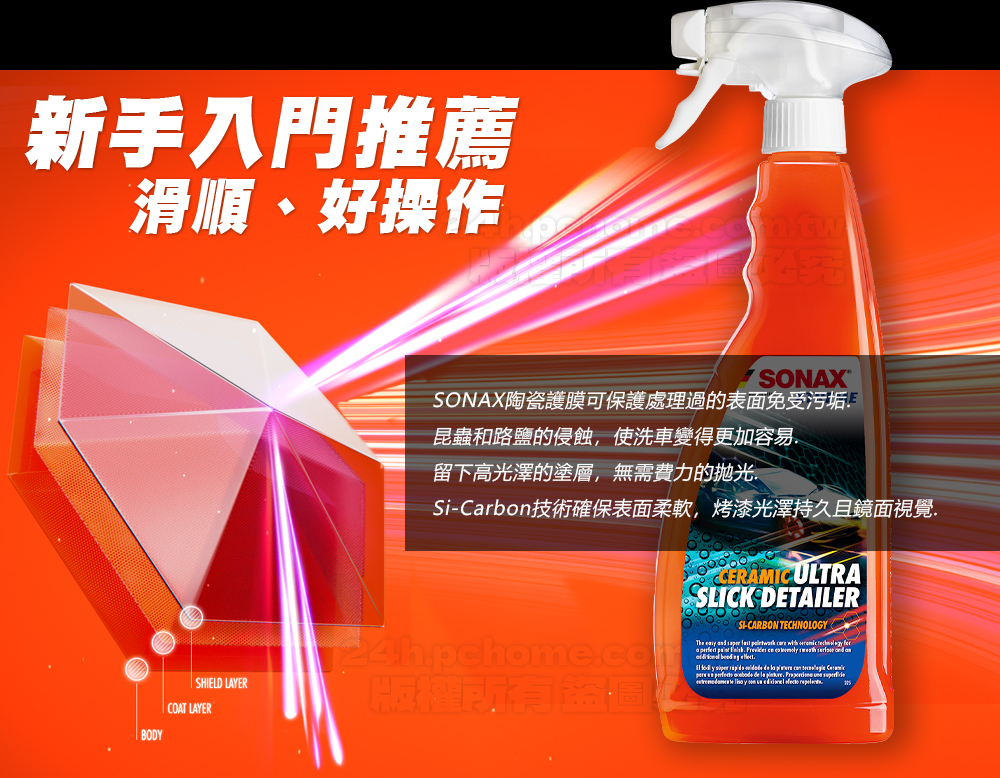 新手入門推薦滑順、好操作BODYSHIELD LAYERCOAT LAYERSONAXSONAX陶瓷護膜可保護處理過的表面免受污垢昆蟲和路鹽的侵蝕,使洗車變得更加容易留下高光澤的塗層,無需費力的抛光SiCrbon技術確保表面柔軟,烤漆光澤持久且鏡面視覺24hpchom.comCERAMIC ULTRASLICK DETAILER -CARBON TECHNOLOGYThe          a   .     d an  e        de  .
