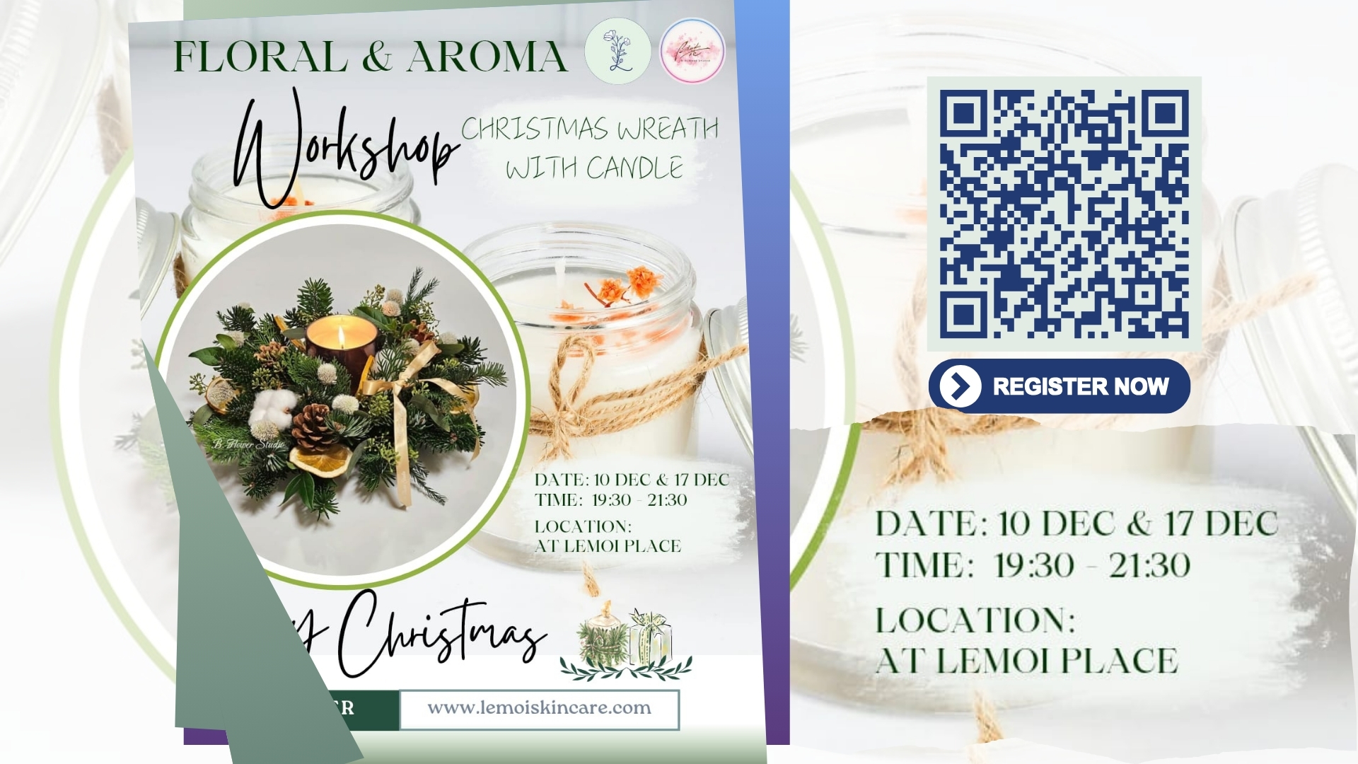 Christmas Floral Wreath & Scented Candle Workshop at LEMOI PLACE – 10 & 17 Dec 2025, 19:30–21:30, Register Now QR code