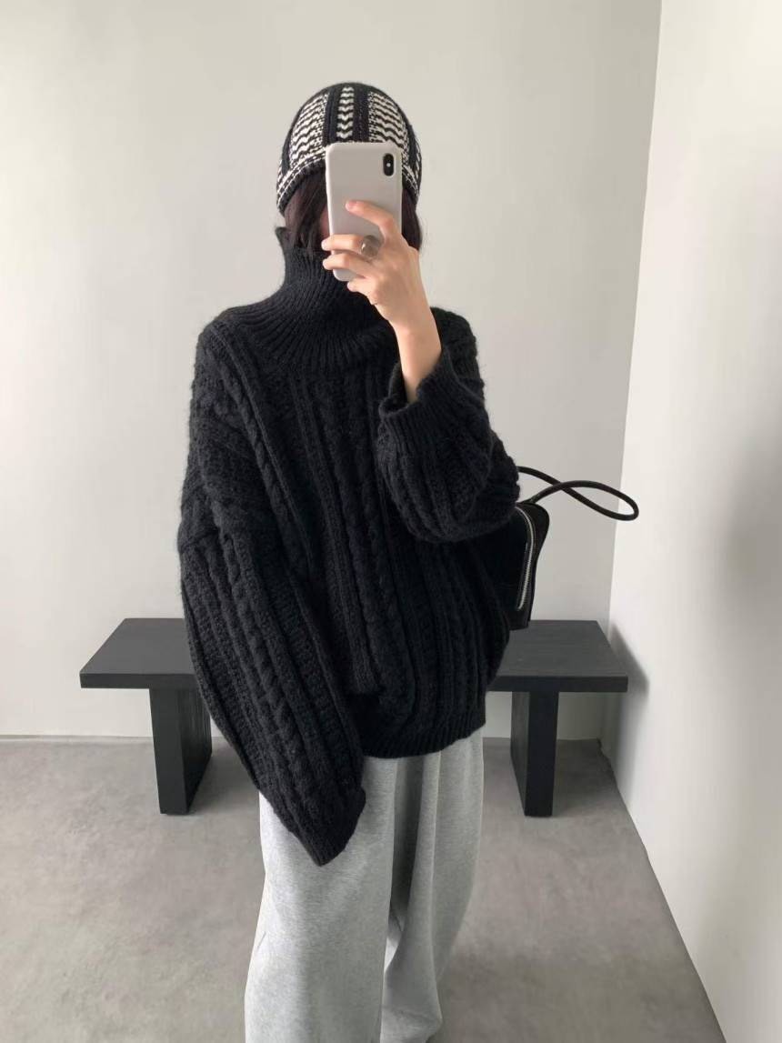 韓國 高領粗針織毛衣