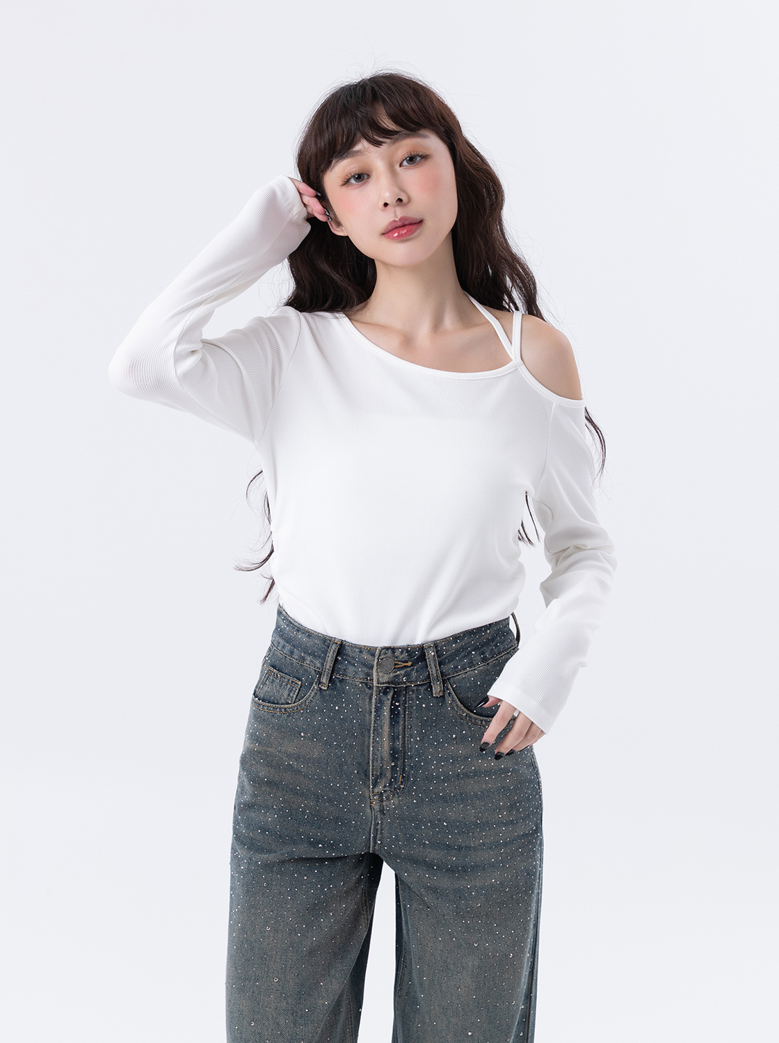 不對稱單肩長袖上衣