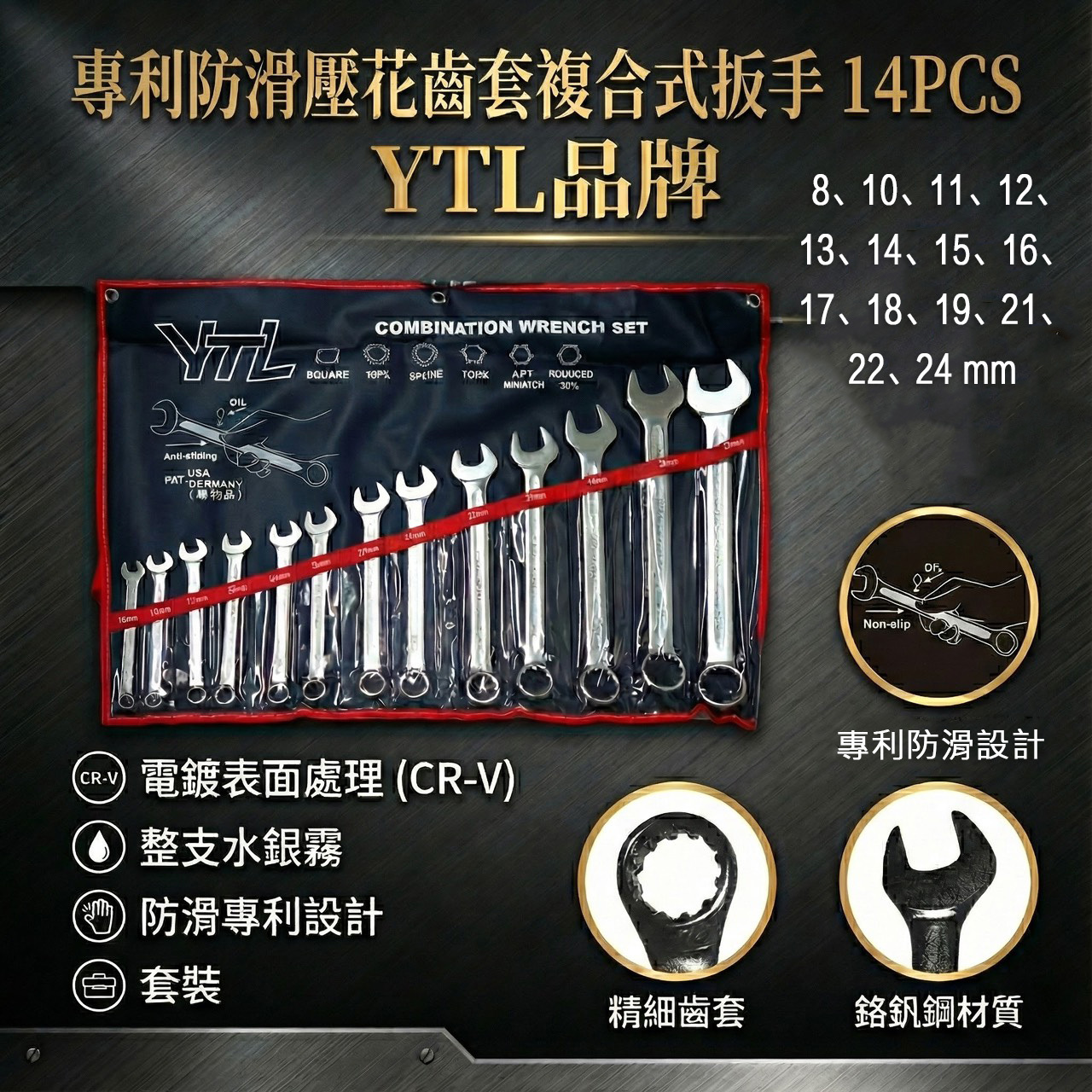 YTL｜規格 8-24mm 防滑壓花薄型梅開扳手 14支組｜齒套梅花開口板手組 梅開板手組｜附收納套｜台灣製