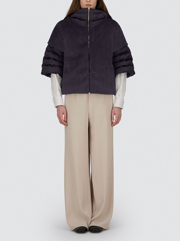 HERNO 連帽拚毛七分袖外套