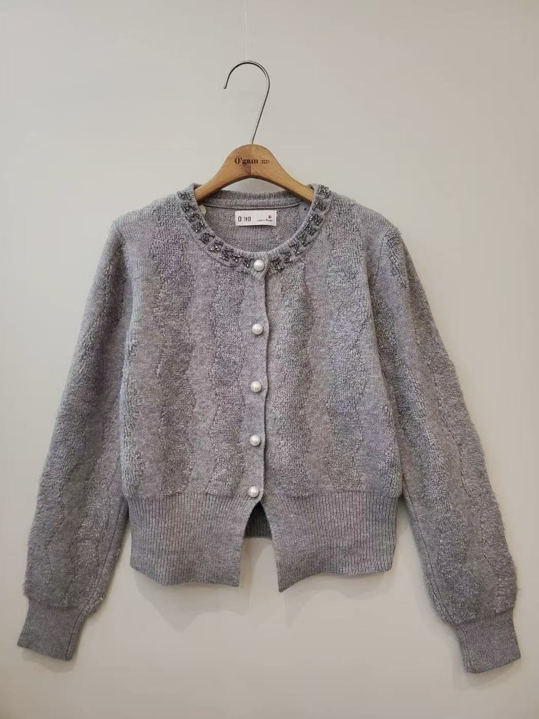 420 正韓珍珠鈕扣串珠領口開衫