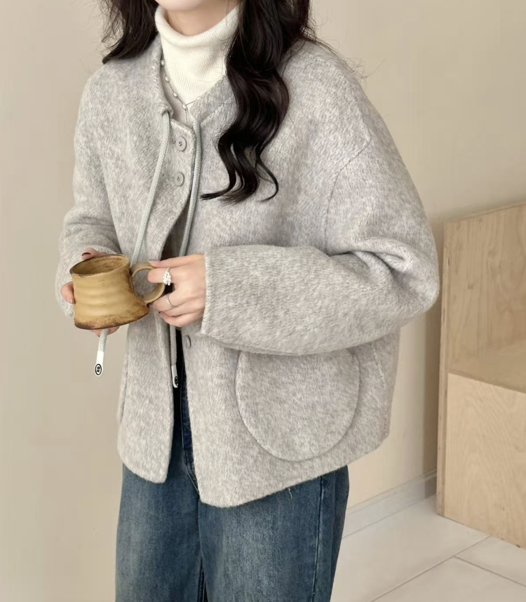 LYS-溫柔風韓系單排扣針織圍巾中長款雙面羊毛大衣 （三色）