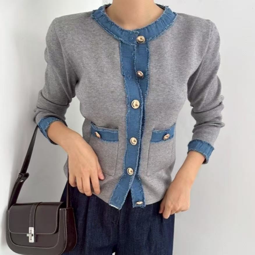 681 牛仔拼接小香風針織開衫