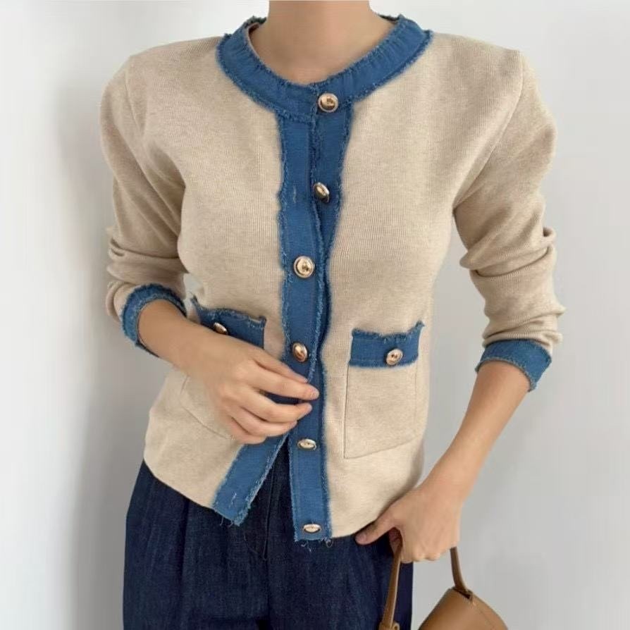 681 牛仔拼接小香風針織開衫