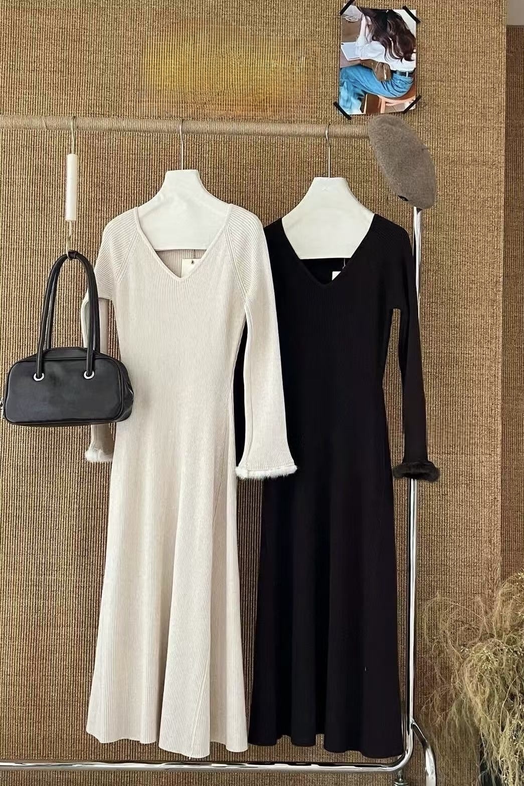 660 手袖拼接毛毛針織洋裝