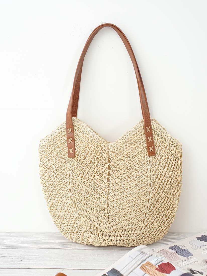 休閒皮革肩背草編包(2色)