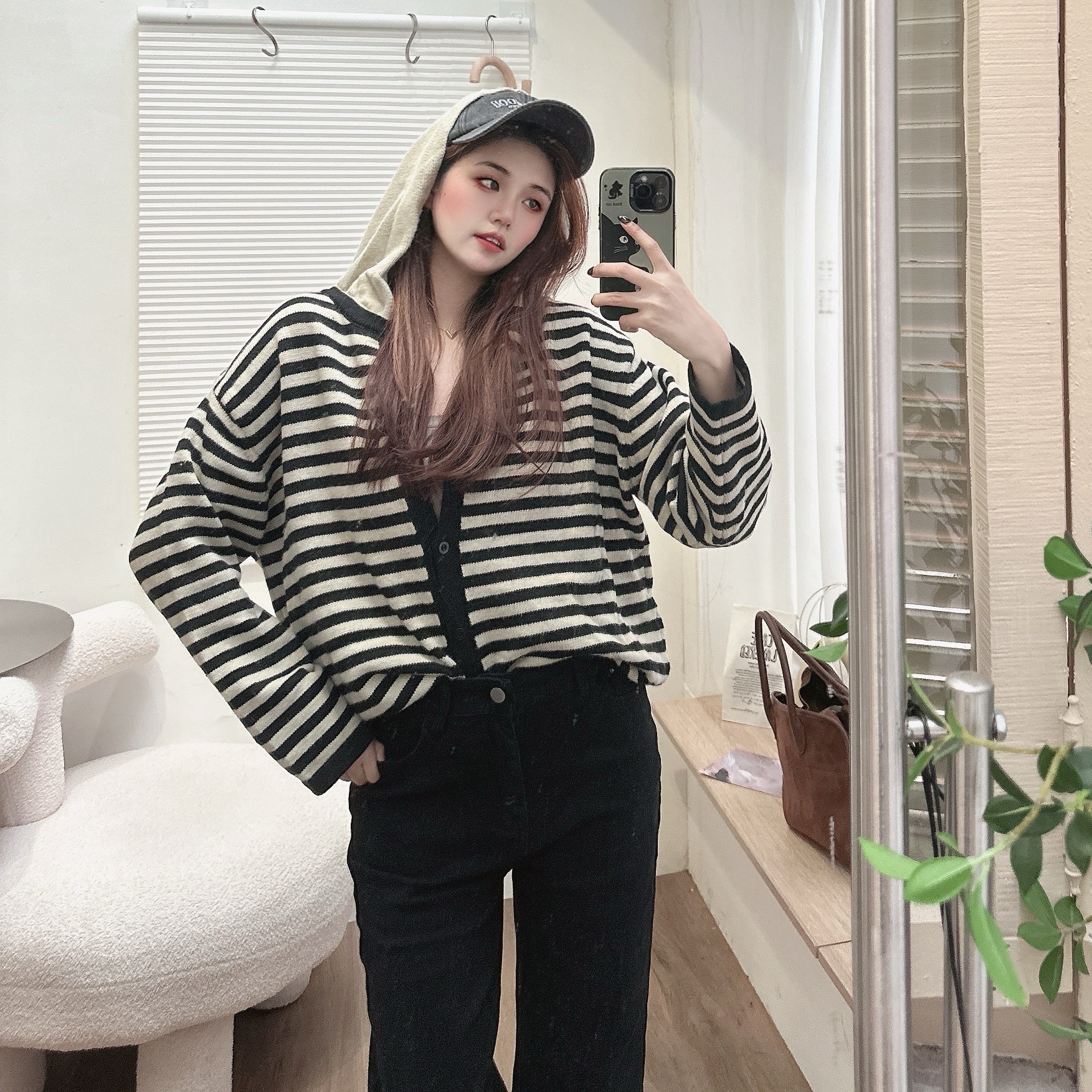 撞色條文連帽針織毛衣/二色