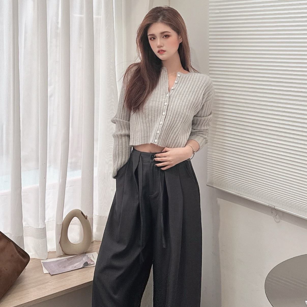 奶油坑條圓領排釦毛衣/四色