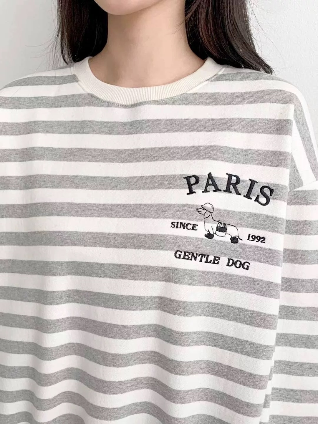 4294 正韓刺繡臘腸狗狗條紋衛衣