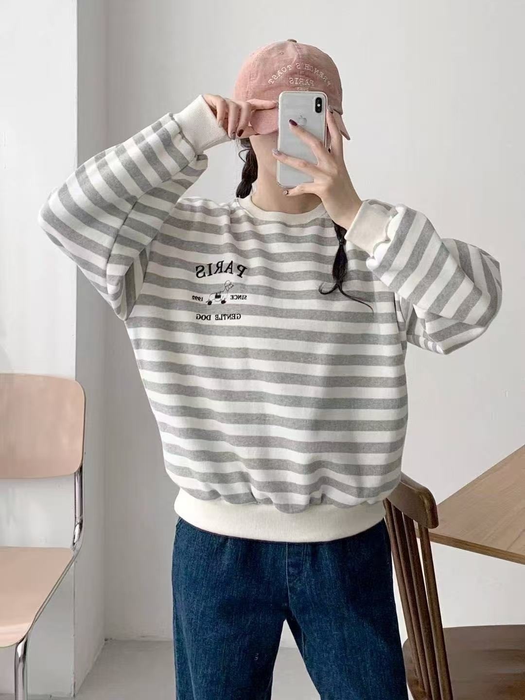 4294 正韓刺繡臘腸狗狗條紋衛衣