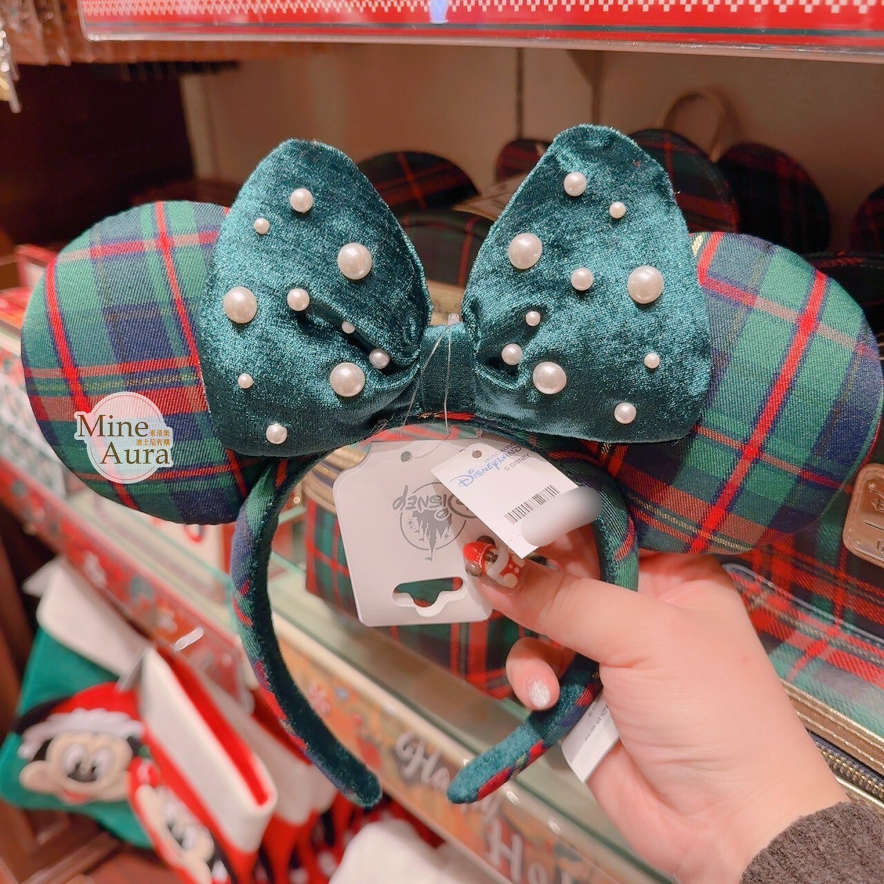 聖誕節系列 米妮 Minnie 立體耳朵 格紋 造型 髮圈 髮箍 -香港迪士尼樂園