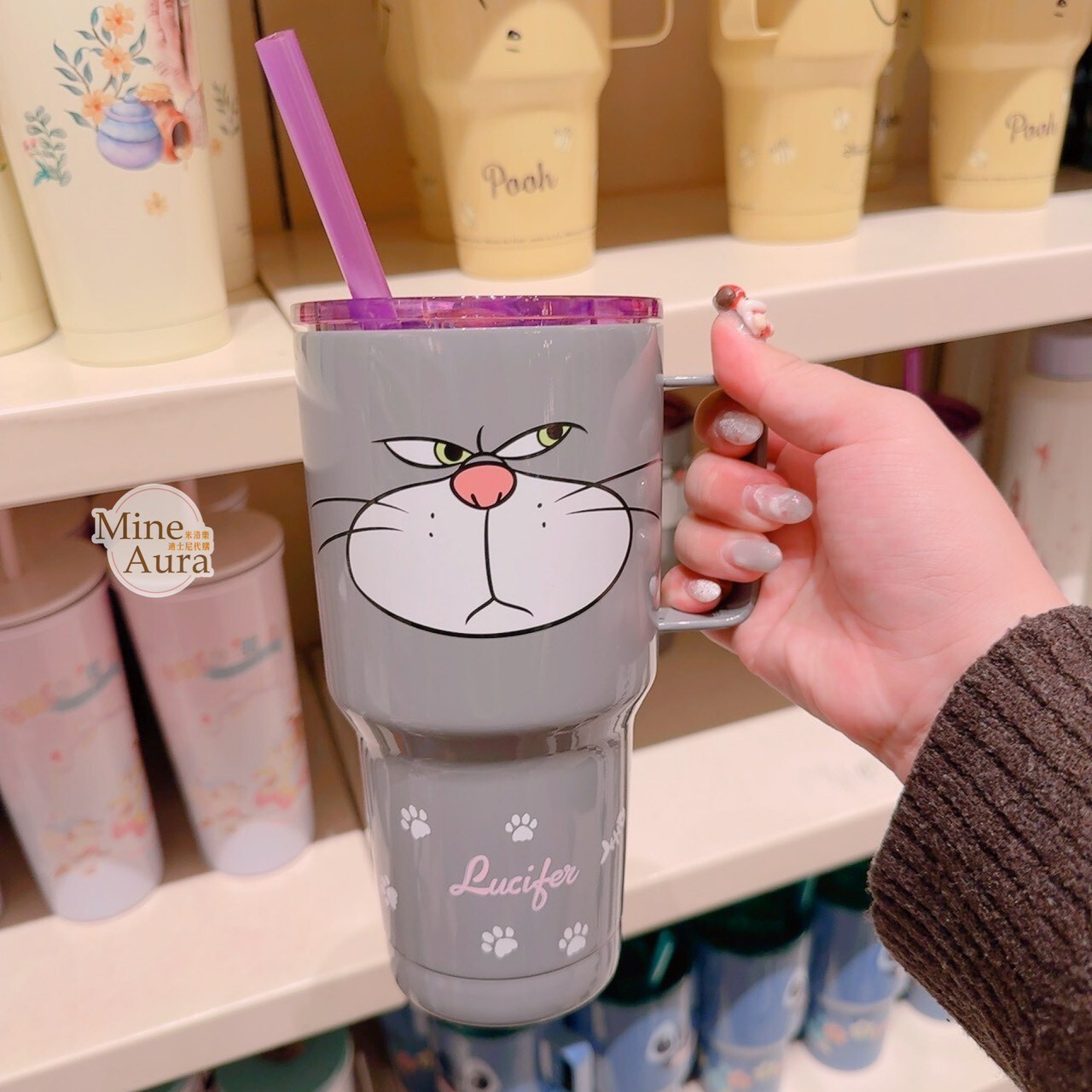 路西法 魯斯佛 Lucife 壞貓咪 大臉 圖案 手把設計 吸管 水杯 -香港迪士尼樂園