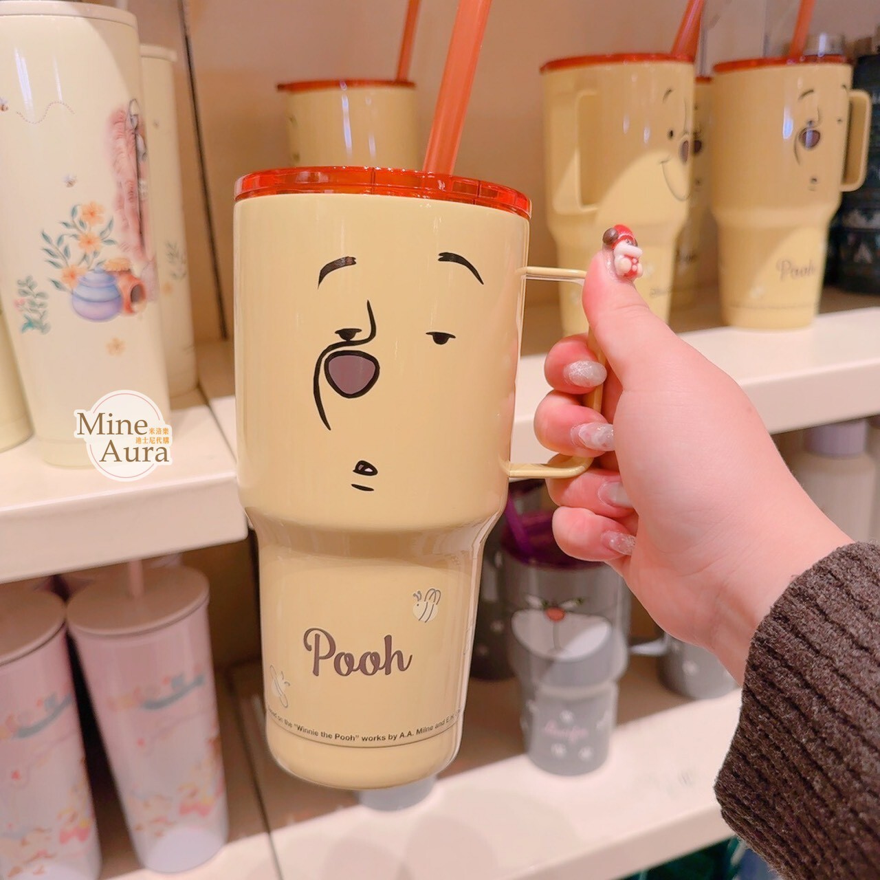 小熊維尼 Winnie the Pooh 大臉 圖案 手把設計 吸管 水杯 -香港迪士尼樂園