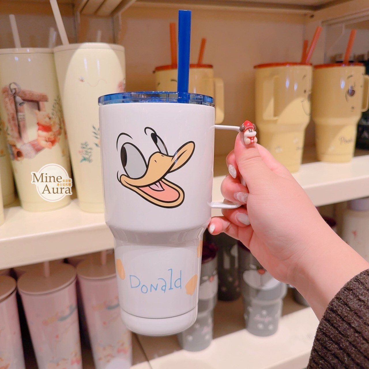 唐老鴨 Donald 大臉 圖案 手把設計 吸管 水杯 -香港迪士尼樂園