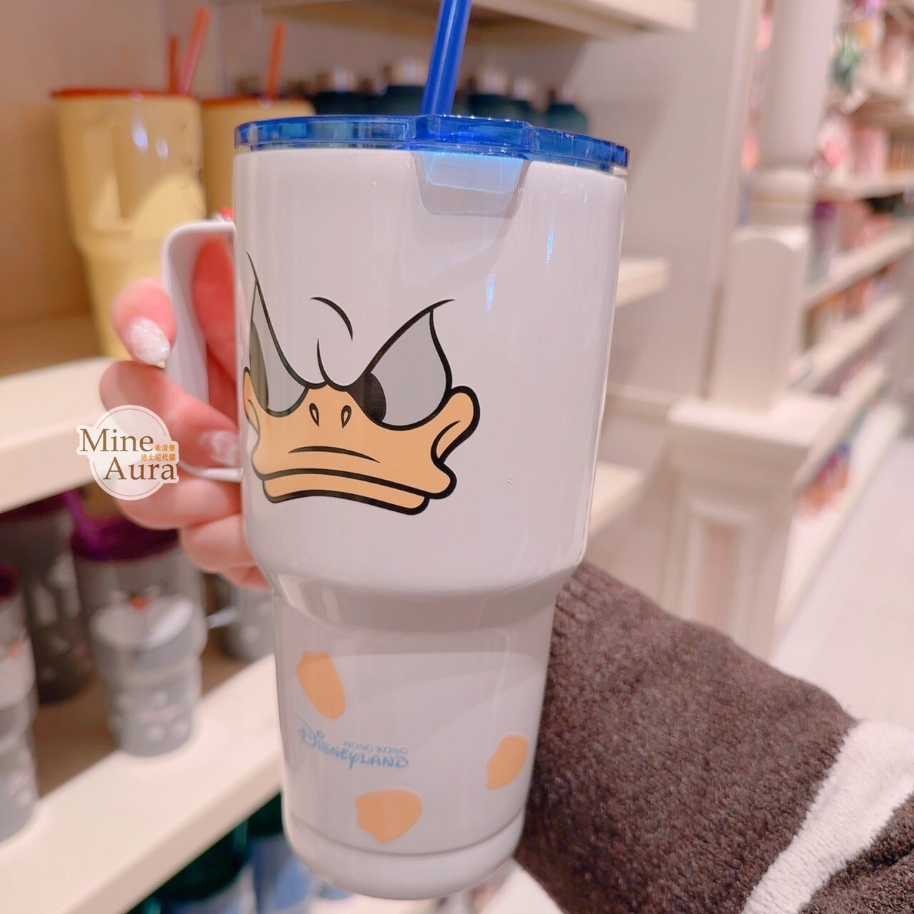 唐老鴨 Donald 大臉 圖案 手把設計 吸管 水杯 -香港迪士尼樂園