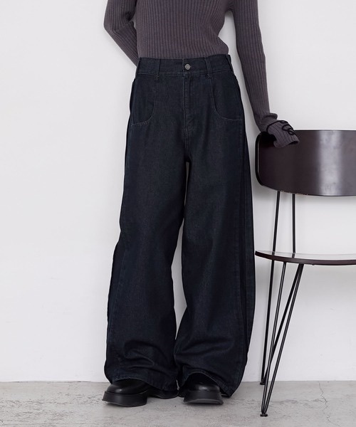 forksy. / Big pocket high waist wide denim pants