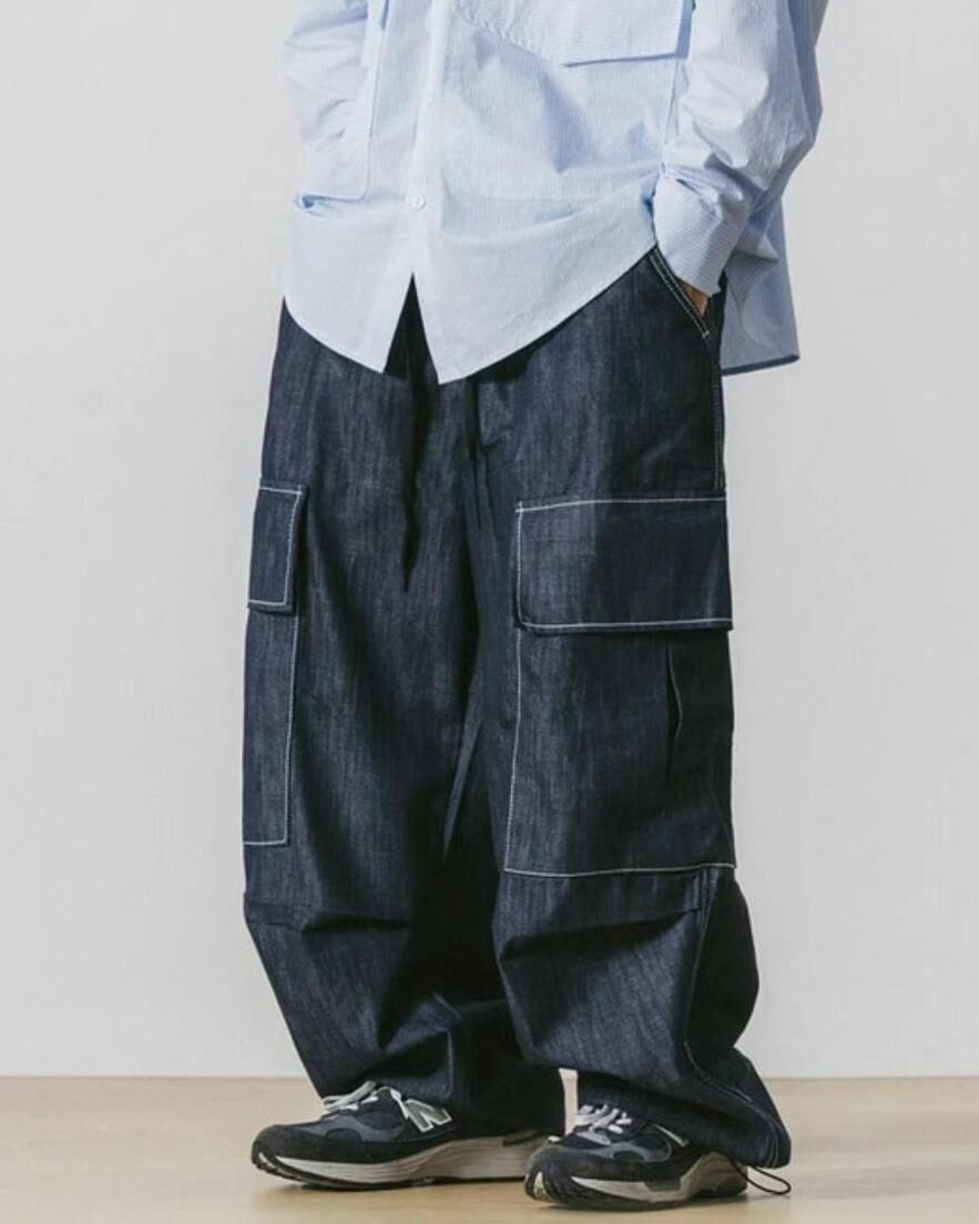 白線工裝鬆身牛仔褲 P2493