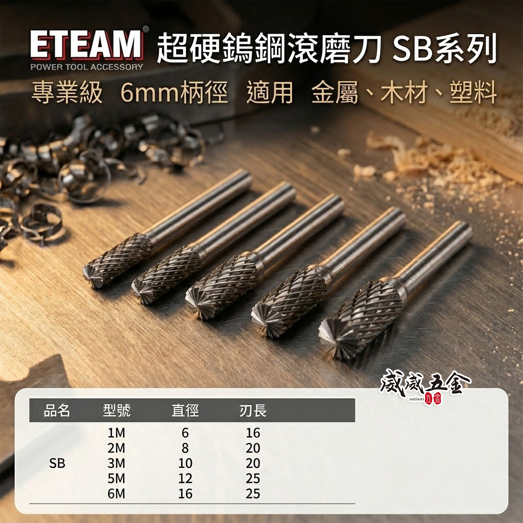 超硬鎢鋼滾磨刀｜SB型｜柄徑6mm 旋轉銼刀 鎢鋼刀 雕刻刀 磨刀｜1M 2M 3M 5M 6M｜ETEAM
