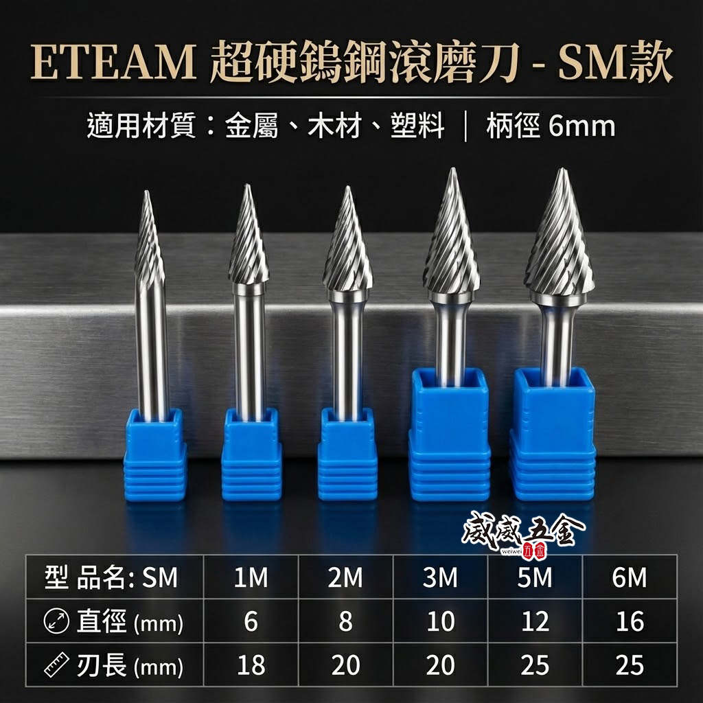 超硬鎢鋼滾磨刀｜SM型｜柄徑6mm 旋轉銼刀 鎢鋼刀 雕刻刀 磨刀｜1M 2M 3M 5M 6M｜ETEAM