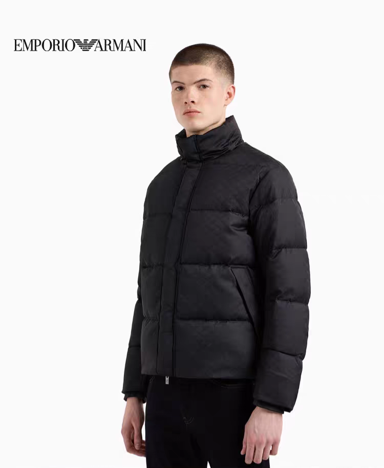 ARMANI 黑色 男款 logo 暗花羽絨外套