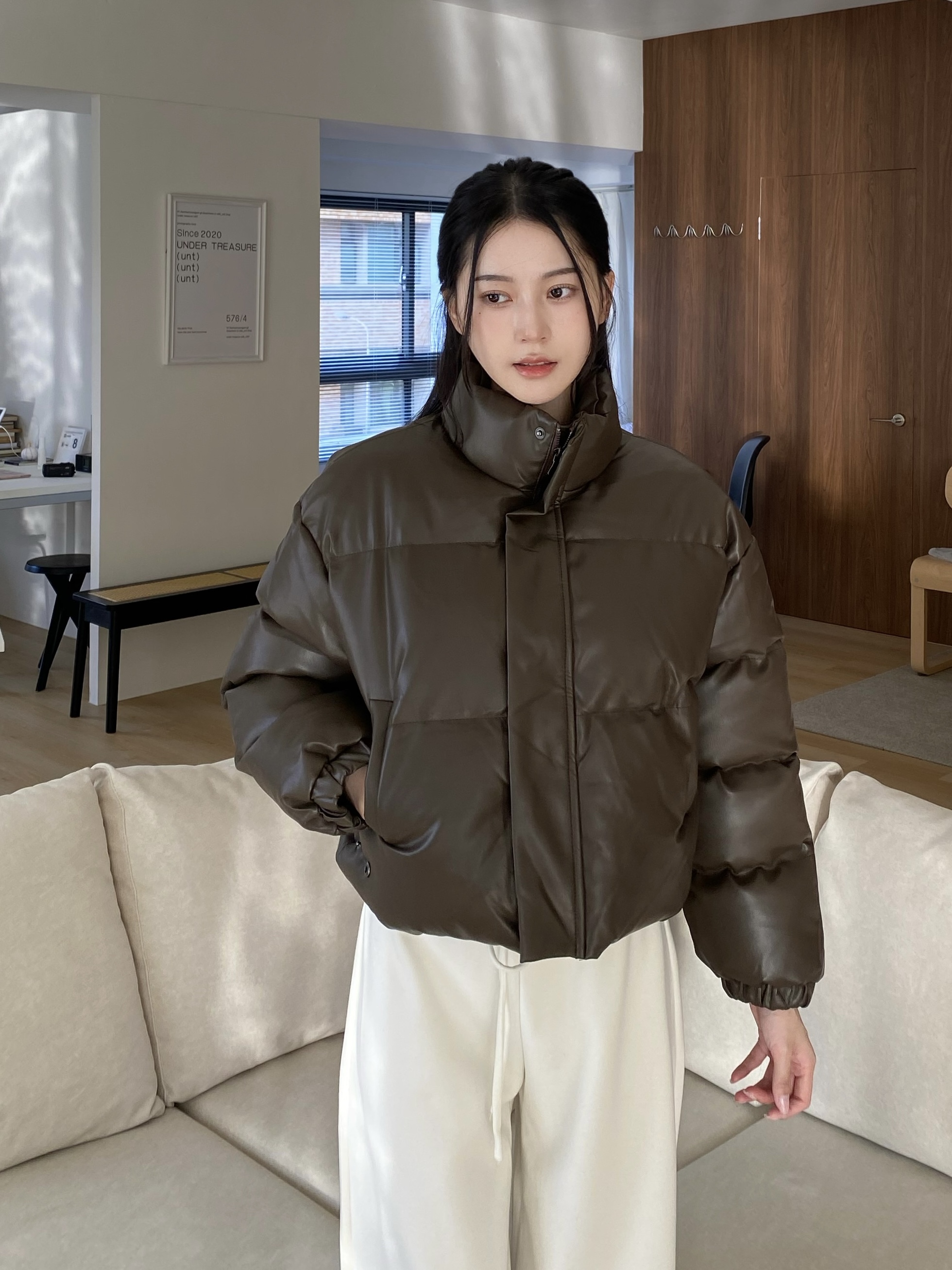 保暖皮革短版麵包外套