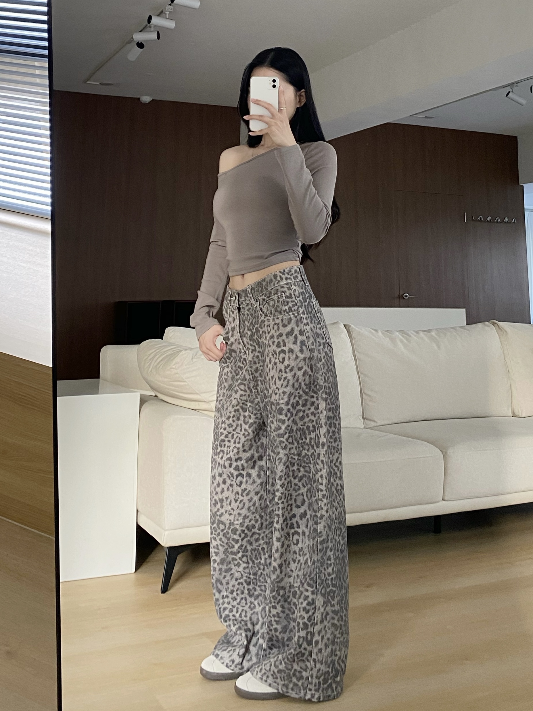 美式復古豹紋牛仔落地寬褲