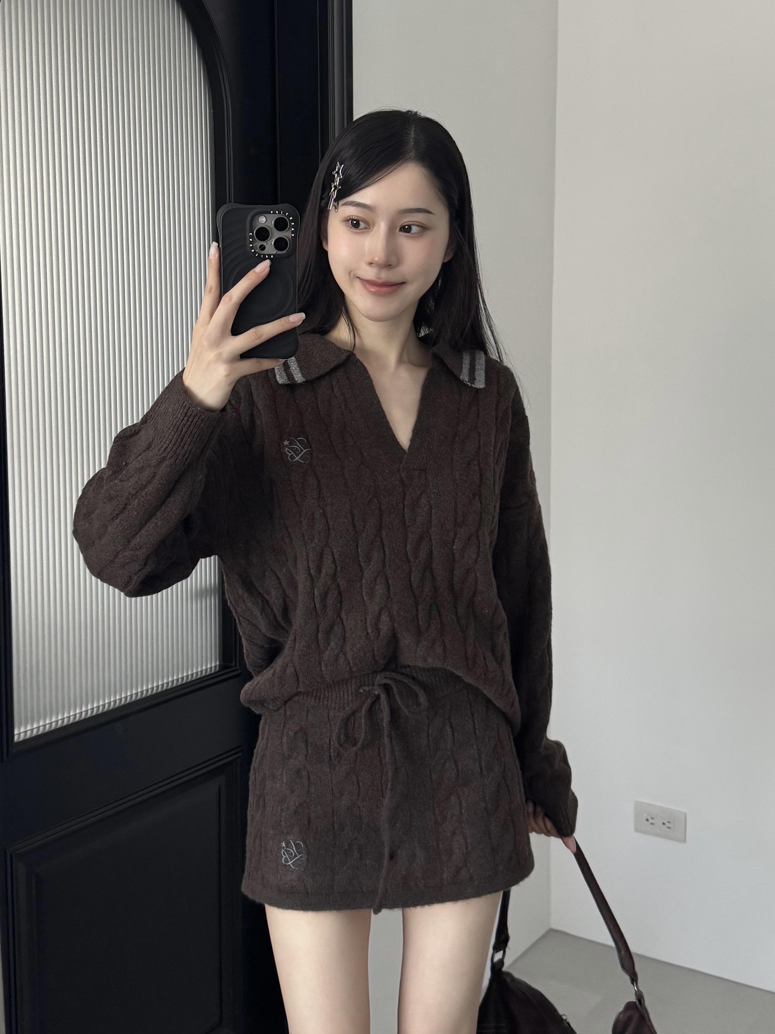 針織刺繡翻領褲裙套裝