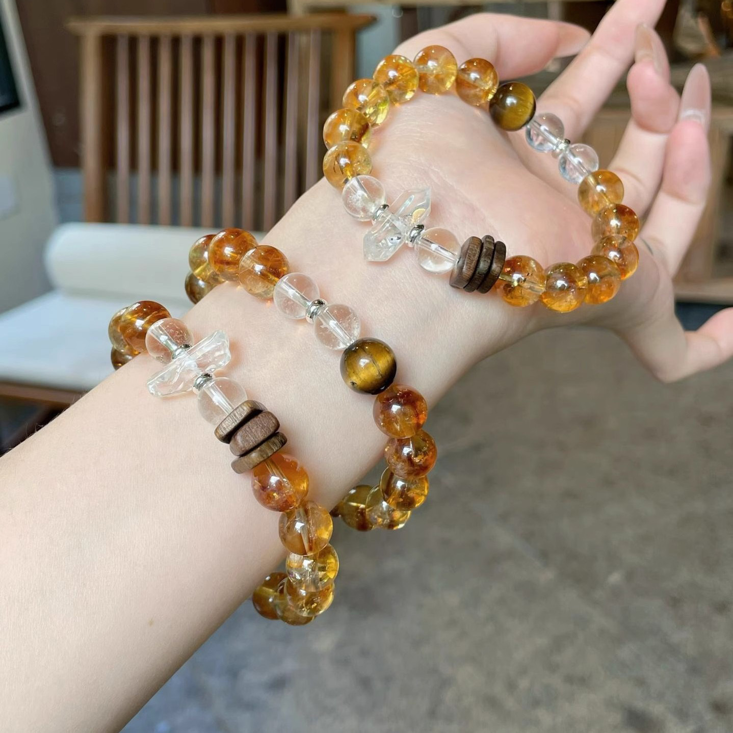 【琥光映木】沉香x白水晶x黃塔晶x虎眼石-扎基拉姆招財款/黃塔晶設計款