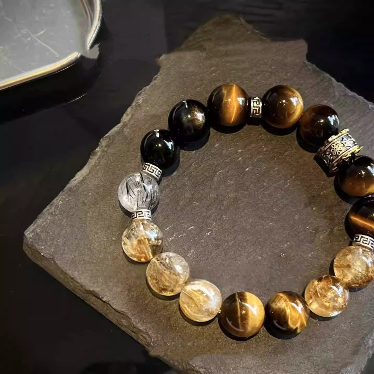 【曜鎧玄金】虎眼石x金曜石x黑髮晶x黃塔晶男款招財手鍊