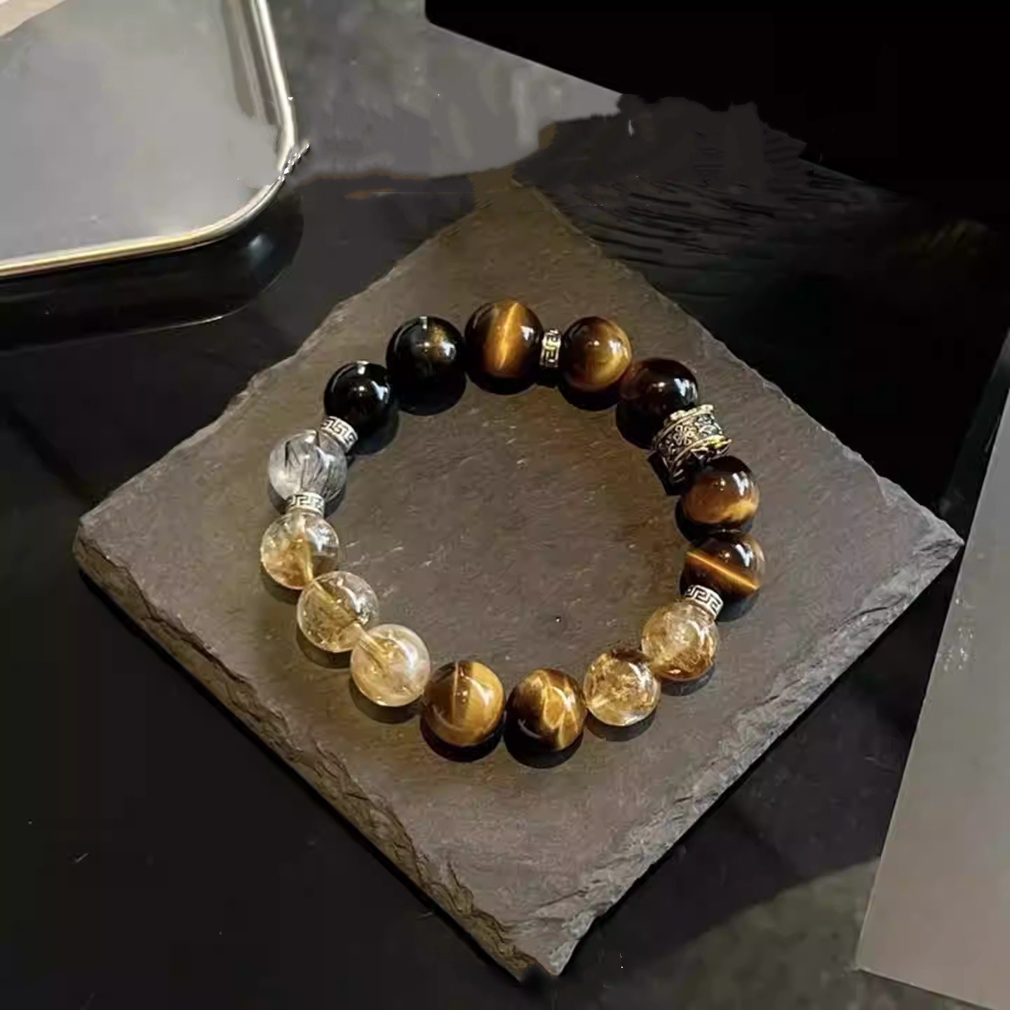 【曜鎧玄金】虎眼石x金曜石x黑髮晶x黃塔晶男款招財手鍊