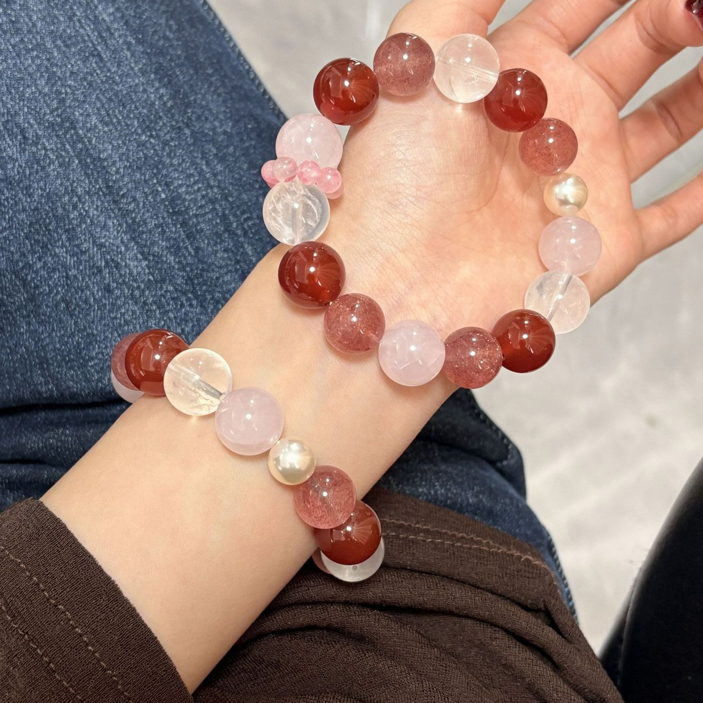 【甜心】草莓晶x紅瑪瑙x粉水晶x白幽靈x櫻花雨薔薇石