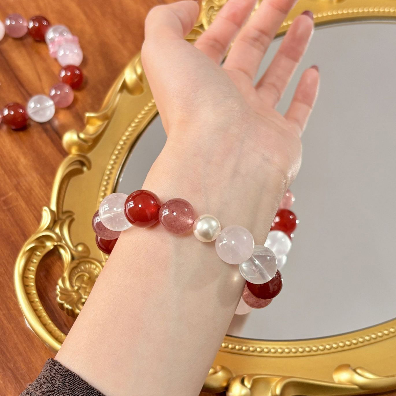 【甜心】草莓晶x紅瑪瑙x粉水晶x白幽靈x櫻花雨薔薇石