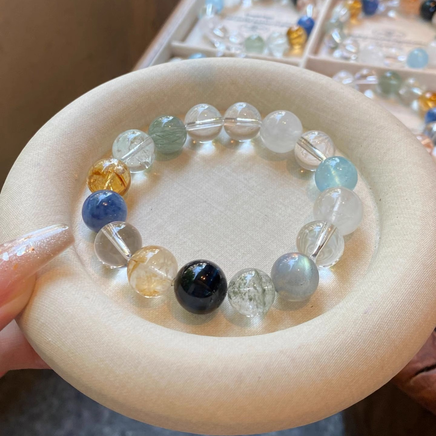 【水映九曜】海藍寶x白幽靈x白水晶x灰月光x綠幽靈x藍虎眼x藍晶石x黃塔晶x綠髮晶多寶多功效水晶手鍊-10mm/12mm