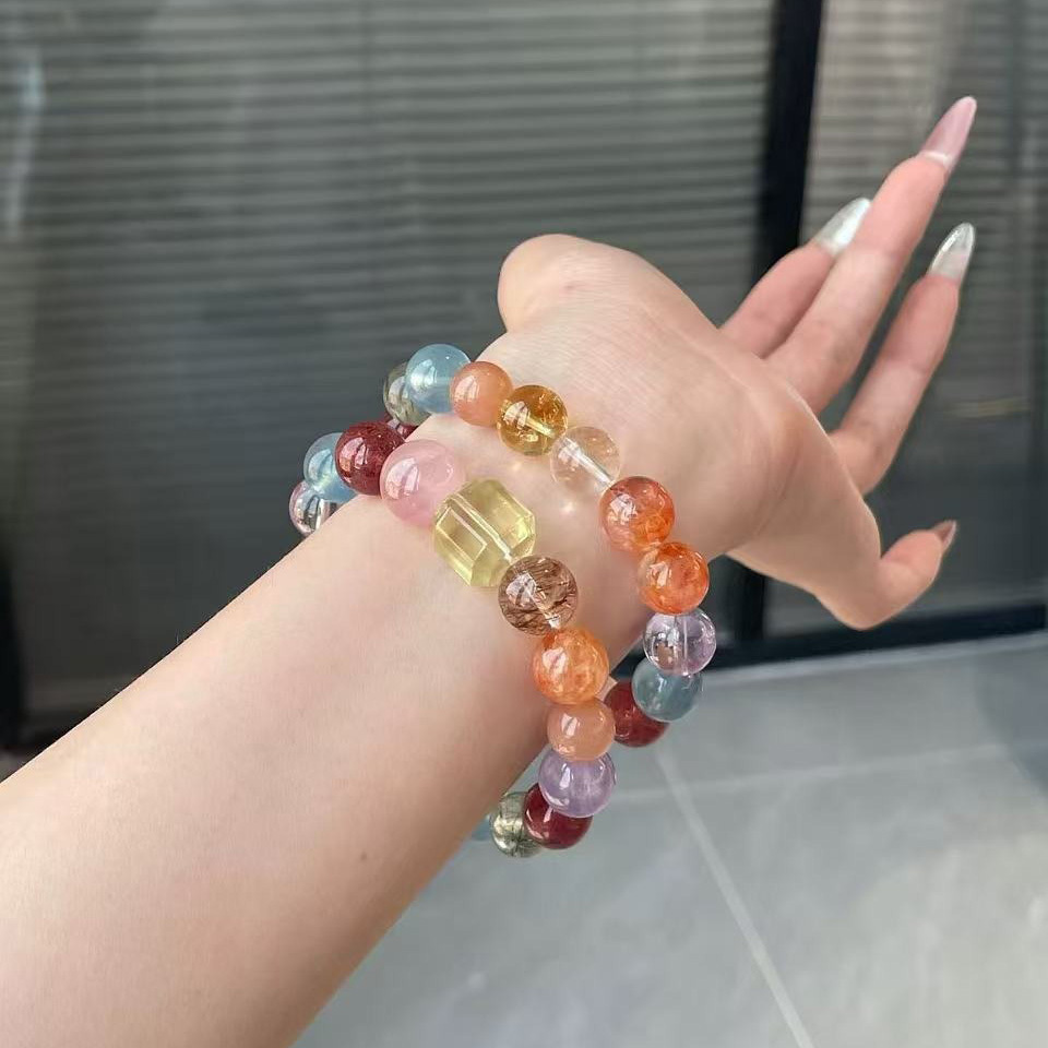 【曜采繽紛】黃水晶x太陽石x海藍寶x綠髮晶x草莓晶x黑金超七x粉水晶x紅膠花x紫水晶多寶多功效水晶手鍊