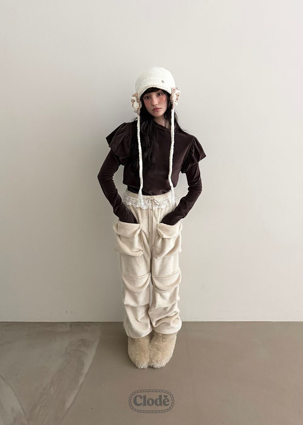 半立體口袋抓絨長褲