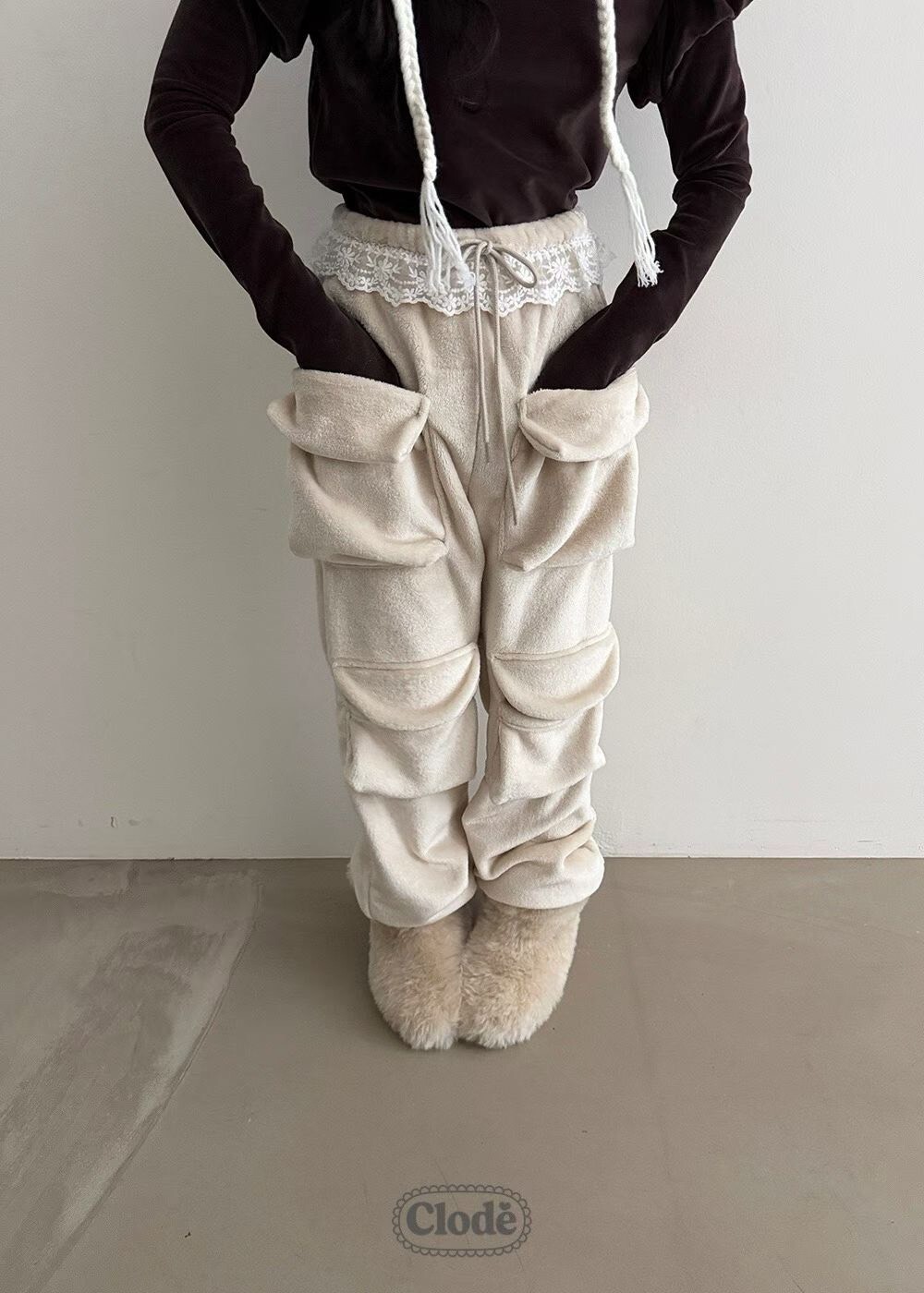 半立體口袋抓絨長褲