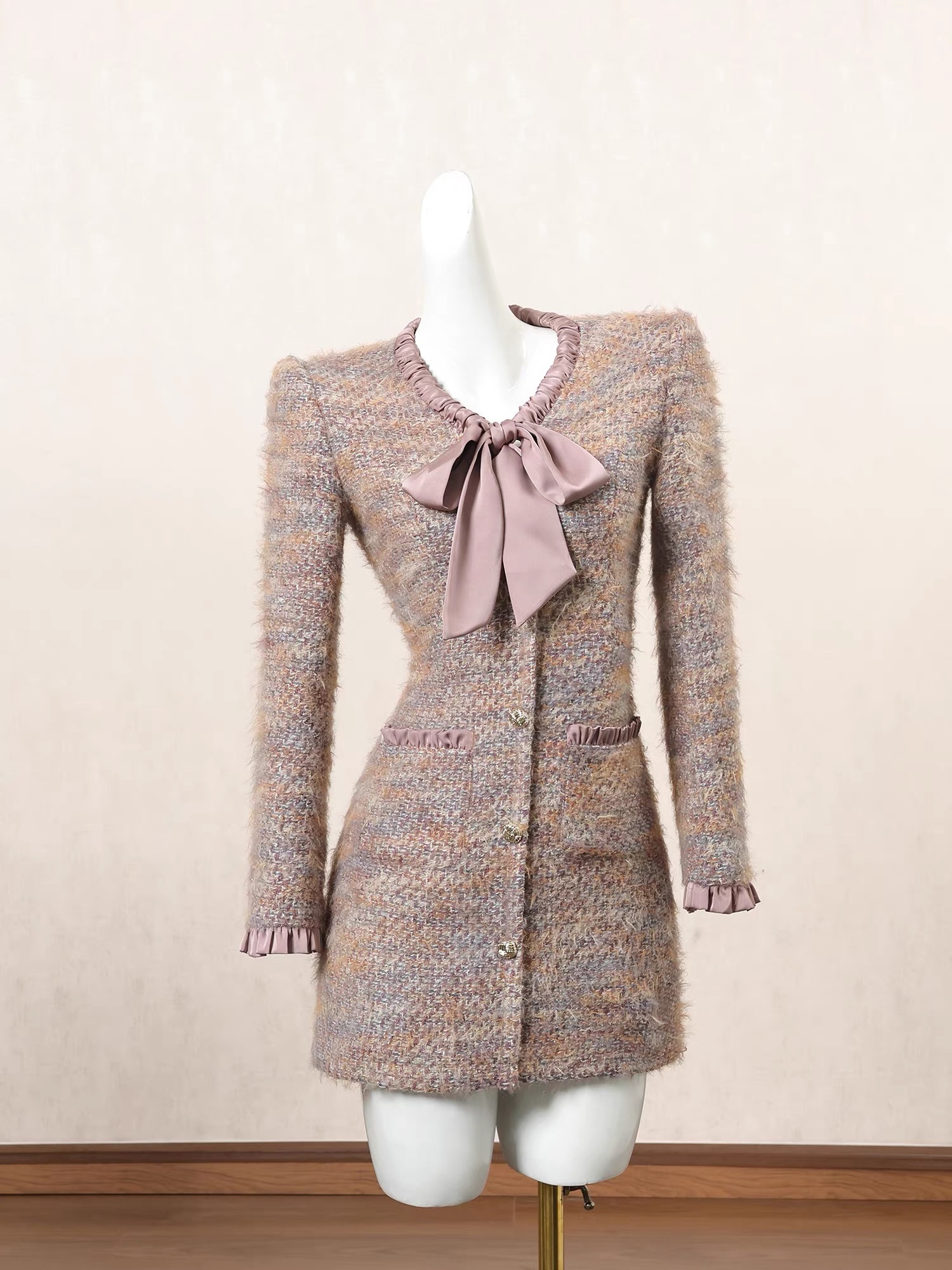 香風混織後拉鏈拼接緞面洋裝