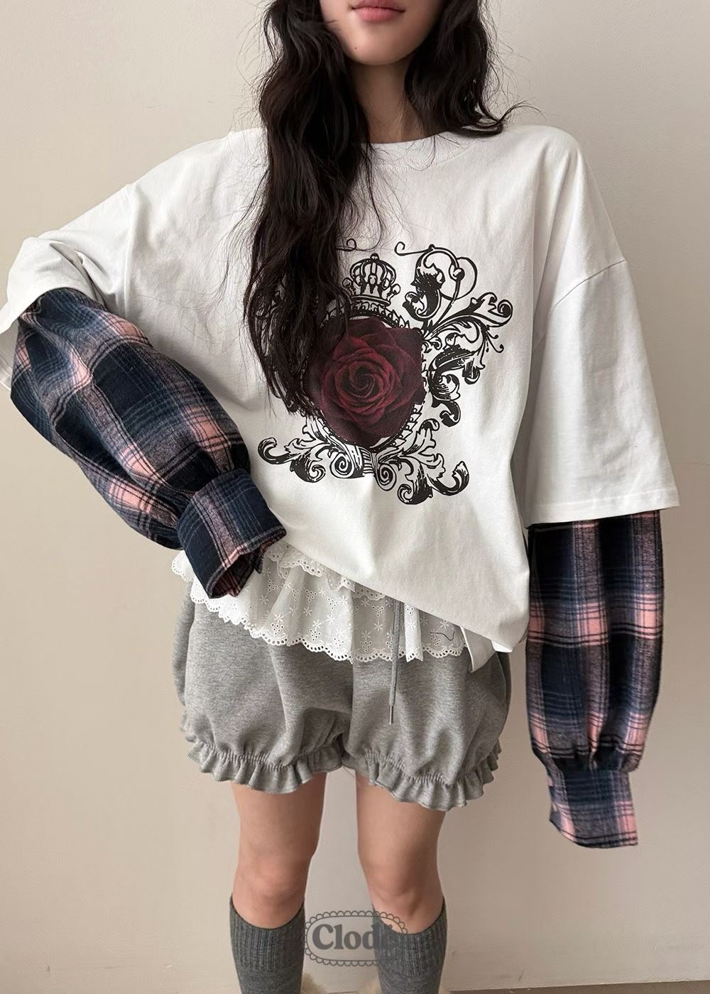 紅玫瑰拼接格子袖T