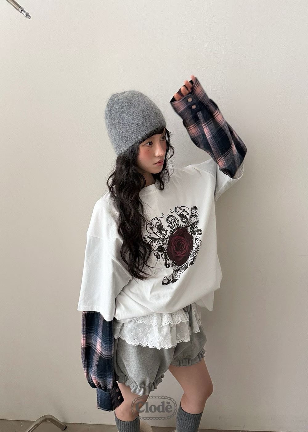 紅玫瑰拼接格子袖T