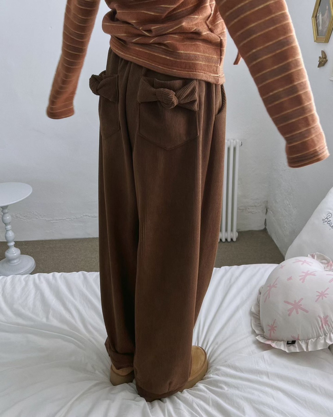 蝴蝶結後口袋刷絨長褲