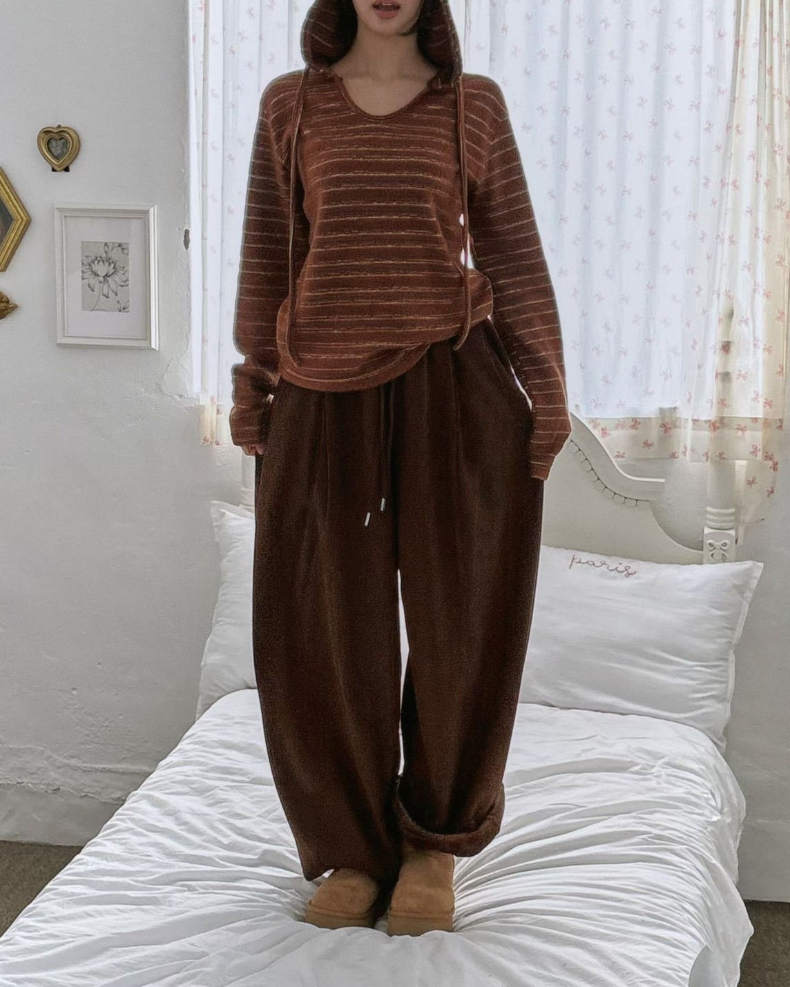 蝴蝶結後口袋刷絨長褲