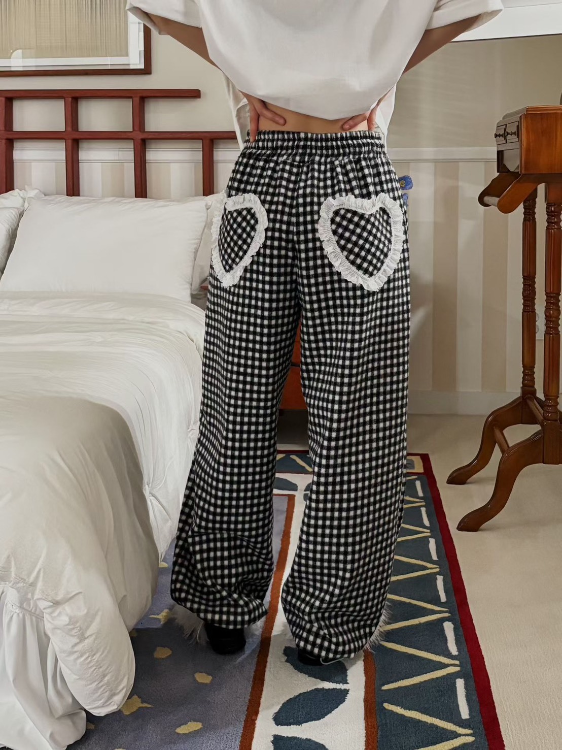 愛心口袋格子褲